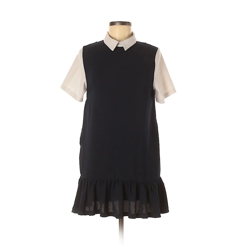 Blue and white Short Sleeve Ruffle Hem Dress